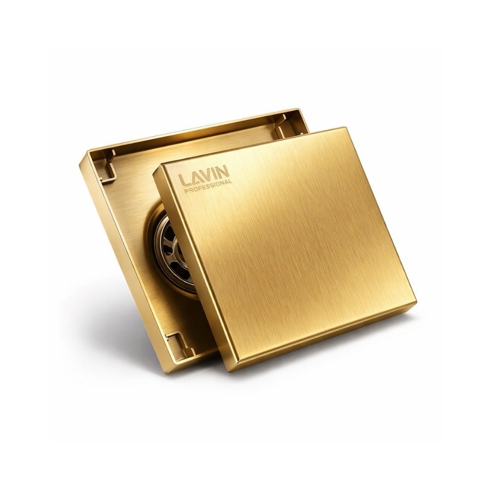 1000342300 Sumidero Rejilla de Drenaje de Lujo -10x10cm Oro Cepillado (Diseño Minimalista) - Imagen 1